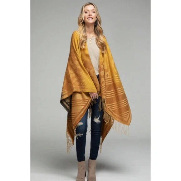 SOLD OUT Tuscan Animal Print Color Block Knit Ruana Tassel Fall Winter Casual - Picture 5 of 7